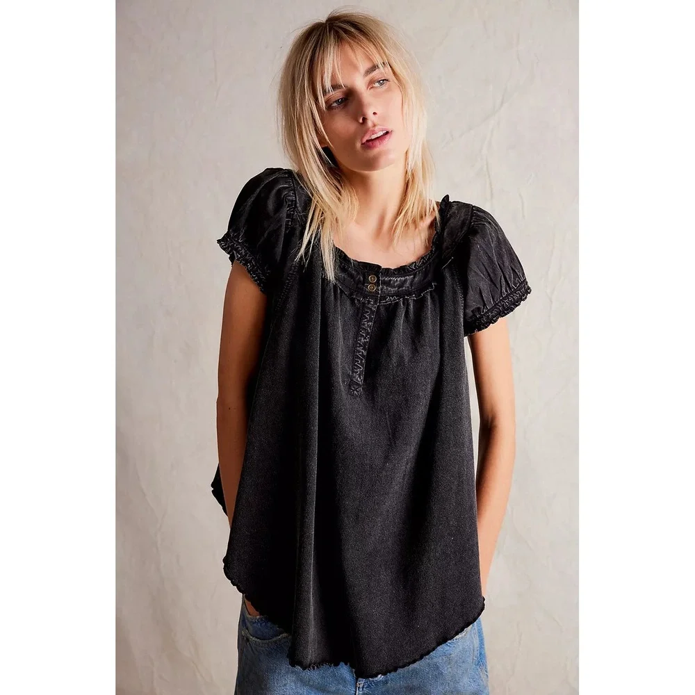 We The Free Free People Black Acid Wash Muse Tunic Babydoll Ruffle Too Size XS